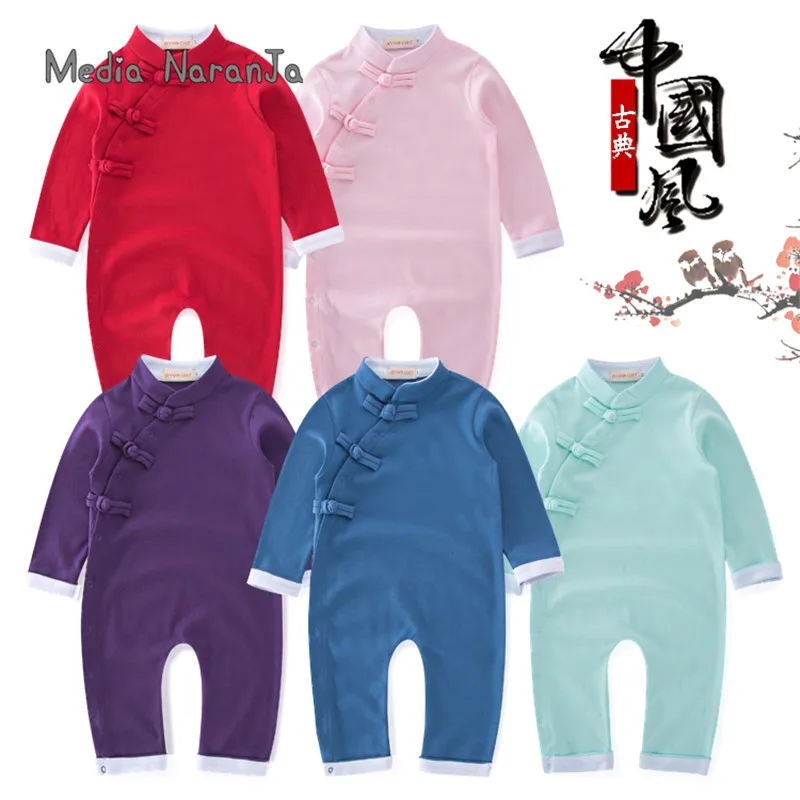 

Baby toddler costume infant Chinese style cranes long sleeve side buckle romper red pink blue 5 colors jumpsuit clothes