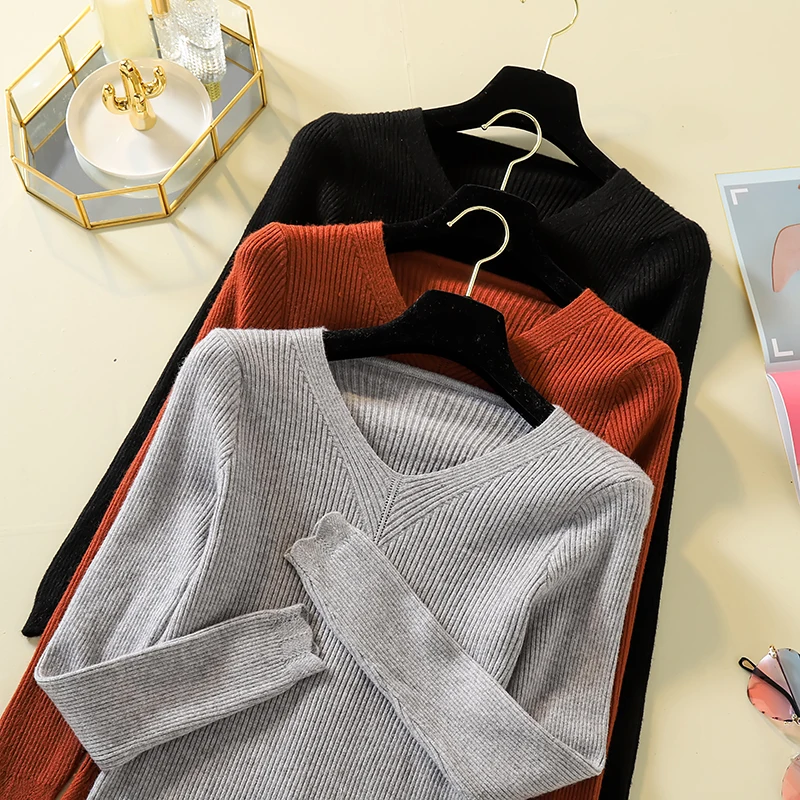 

Womens Sweater Pullover V Neck Long Sleeve Blusa Feminina Sweaters sueter mujer invierno 2019 Basic Tops Autumn Winter