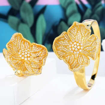 

GODKI Luxury Flower African Bangle Ring Set Jewelry Set For Women Wedding Party Cubic Zircon Crystal CZ Dubai Bridal Jewelry Set