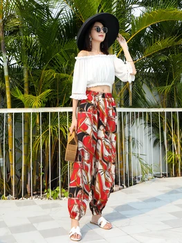 

New holiday Thailand pant Bohemian Waist Belt Tropical Print Wide Leg Pants fashion beach pants female All-match Slacks Pants