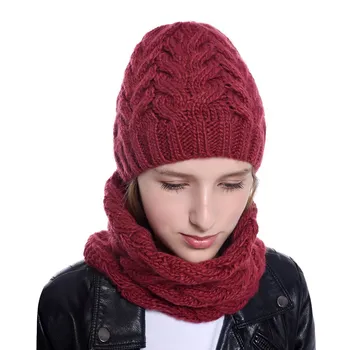 

2019 Fashion Women Knit Wool Hat Outdoor warm Multi Function Hat Scarf Thick winter accessories Skullies Girl Cap and Scarf Set