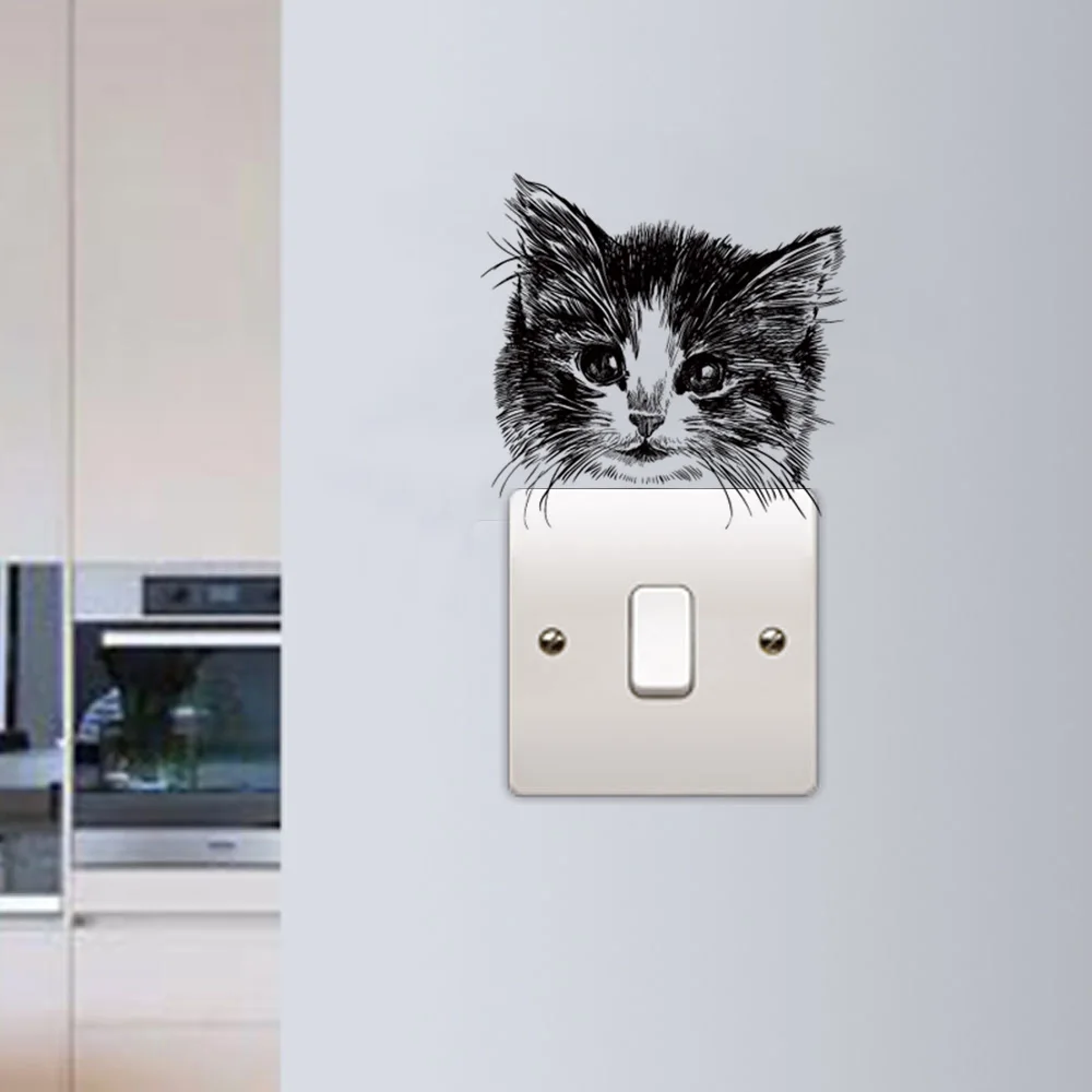 Lovely Cute Little Cat Baby Light Switch Stickers On Wall Art Sketch Laptop Decals for kids Nursery Room Home Decoration Mural (2)