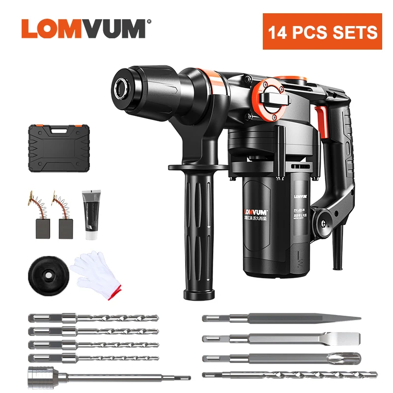 LOMVUM 220 В электрический перфоратор, перфоратор, электрическая дрель, перфоратор, 4 функции, электроинструмент, промышленный, 4580 Вт, ударная дрель - Цвет: 14 PCS SETS