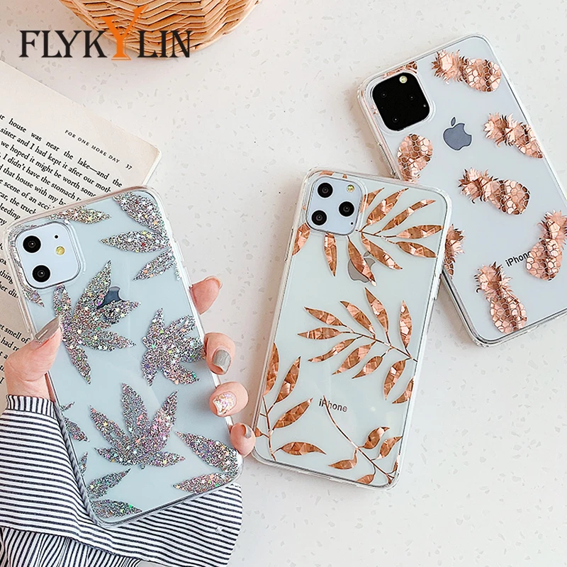 

FLYKYLIN Glitter Bling Case For iPhone 11 Pro Max X XS XR 7 8 + Back Cover on Rose Gold Pineapple Silver Leaf TPU Silicone Coque