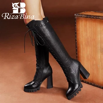 

RIZABINA Women Knee Boots Genuine Leather Lace Up Winter Woman Shoes Fur Warm Long Boots Platform Fashion Footwear Size 34-40