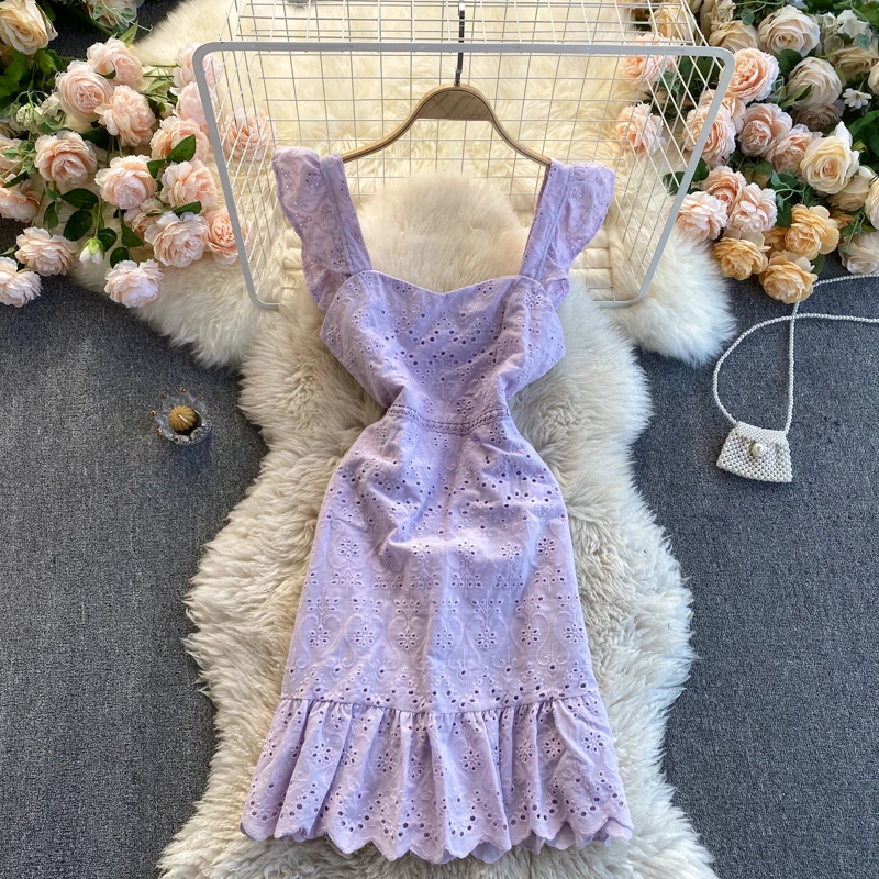  Backless Hollow Design Ruffles Strap Dress 