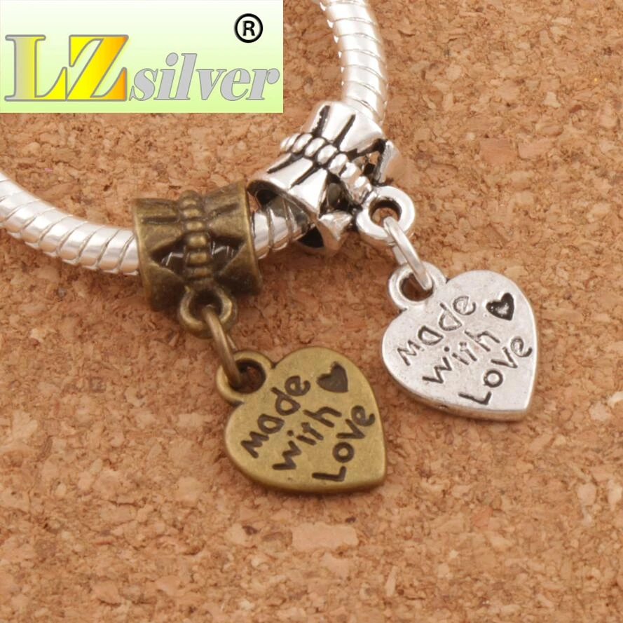 Made With Love Heart Big Hole Beads 9.8x23.5mm 100pcs Zinc Alloy Bronze Fit European Charm Bracelets Jewelry DIY B319