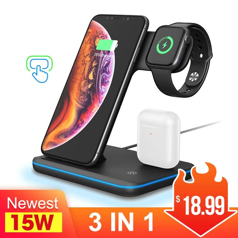 

15W 3 in 1 Charging Dock for Apple Watch 5 4 3 Airpods Fast Qi Wireless Charger Stand For iPhone 11 XS XR X 8 Samsung S10 S9 10W