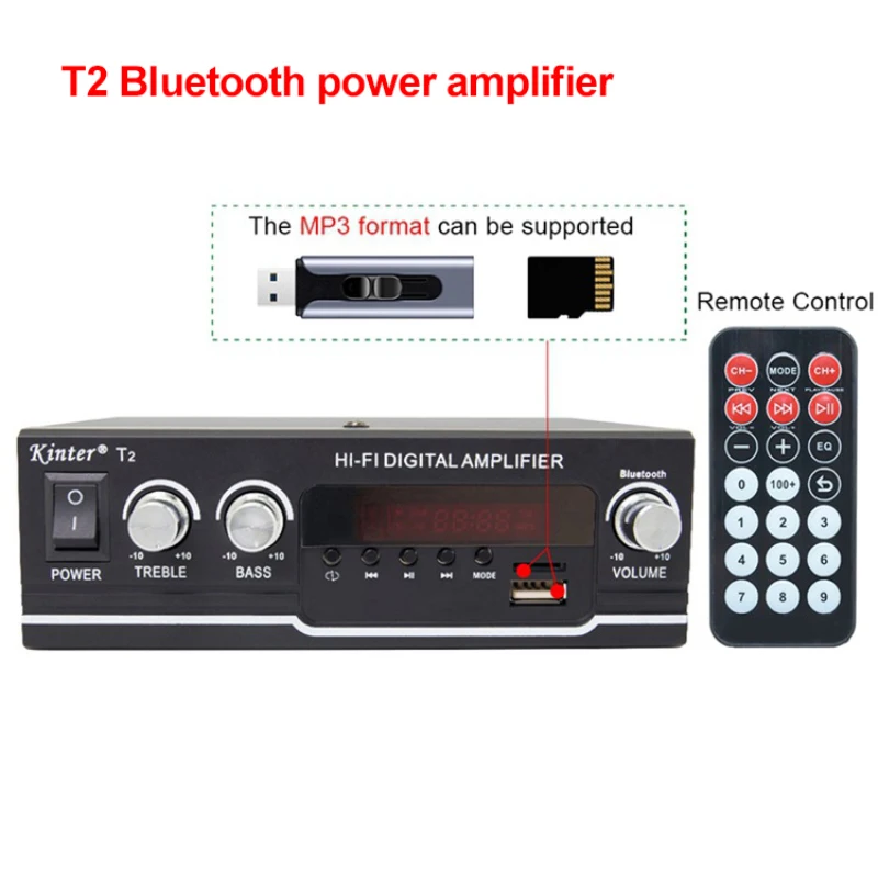 Car Power Amplifier Kinter T2 Digital Audio Player 2CH 20W Hi-Fi Stereo Treble BASS DC12V 220-240V USB SD MP3 FM Radio audio amplifier