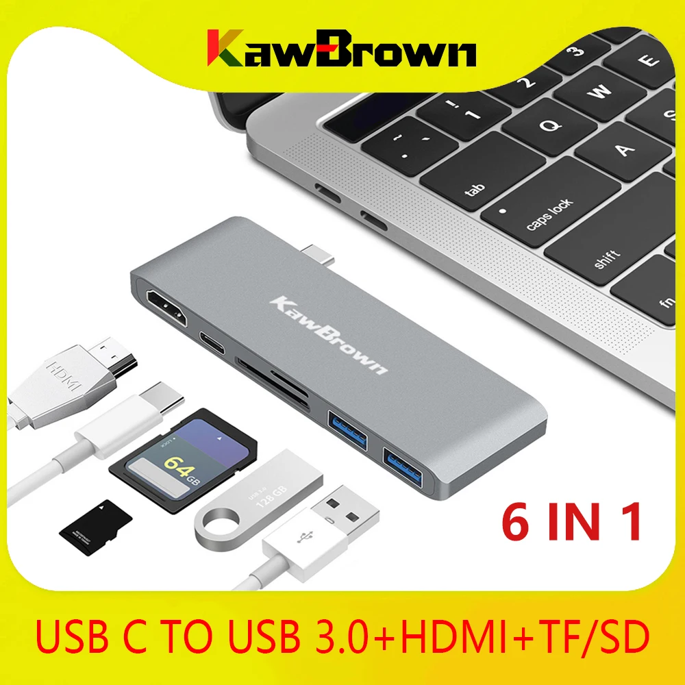 

KawBrown USB C Hub Type C to HDMI USB 3.0 Support PD Charging Micro SD/SD Dock Station for Macbook Laptop Computer Accessories
