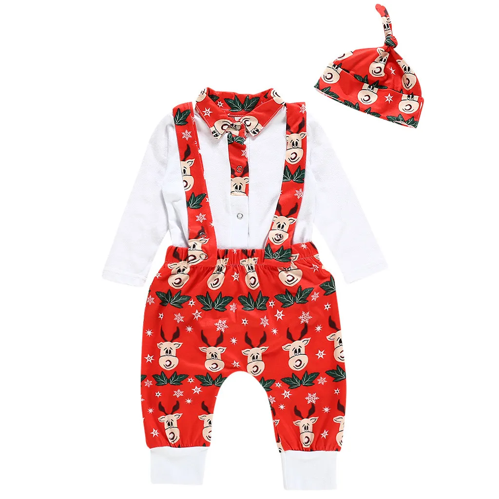 Рождественские наряды для малышей; Одежда для младенцев; Рождественский Комбинезон для маленьких девочек; брюки на подтяжках; брюки; шапки; комплекты одежды - Цвет: Red