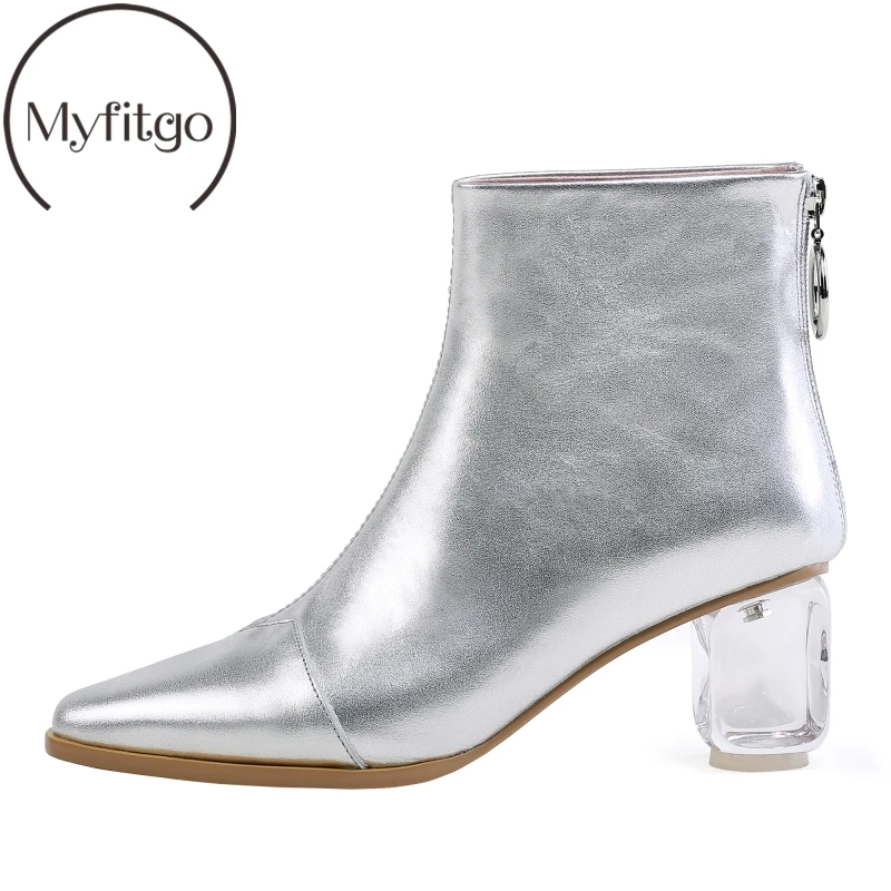 

Myfitgo Silver Pink Boots for Women Clear Strange High Heels Ladies Ankle Boots Fashion Back Zipper Solid Boots Cow Leather