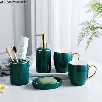 

Ceramics Bathroom Five-piece Wash Set Bathroom Five-piece Suit Green Mouthwash Cup Toothpaste Holder Home Decoration Accessories