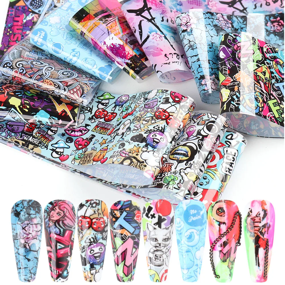 10 шт. переводная Фольга для ногтей милые граффити дизайн стикеры буквы