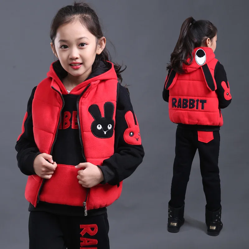 

2019 New Style Korean-style Childrenswear plus Velvet Children Winter Thick Big Kid Hoodie Sports Girls Cotton Three-piece Set W