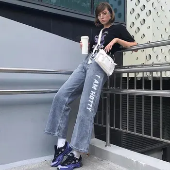 

2019 Autumn Women's Letter Printed High-Waist Casual Denim Straight Jeans