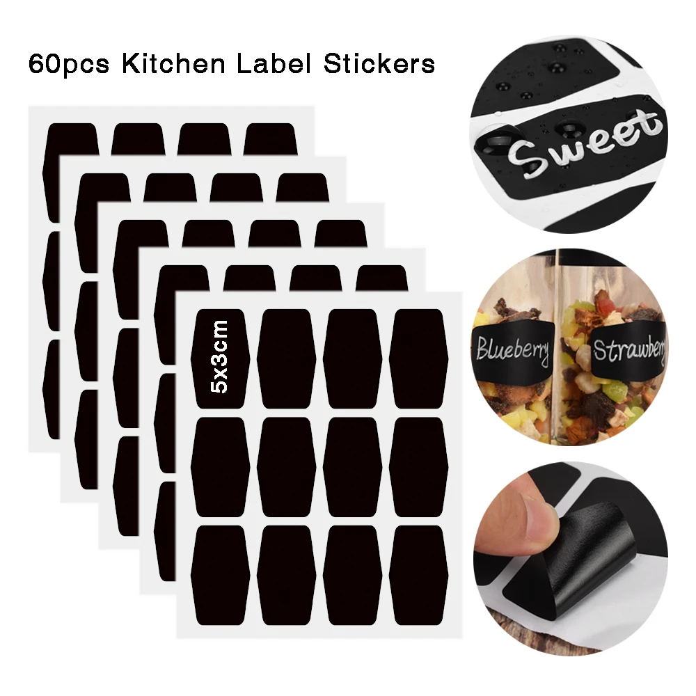 60pcs Kitchen Spice Sticker Jar Sticker Removable Organizer Storage Bottles Jars Stickers Kitchen Labels Stickers Chalkboard Tag