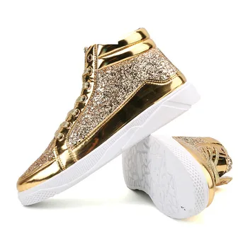 

QWEDF 2019 Men hip hop dancing sneakers Flats Shoes Spring gold silver bling Rhinestone Lace Up male Casual Ankle boots DP-164