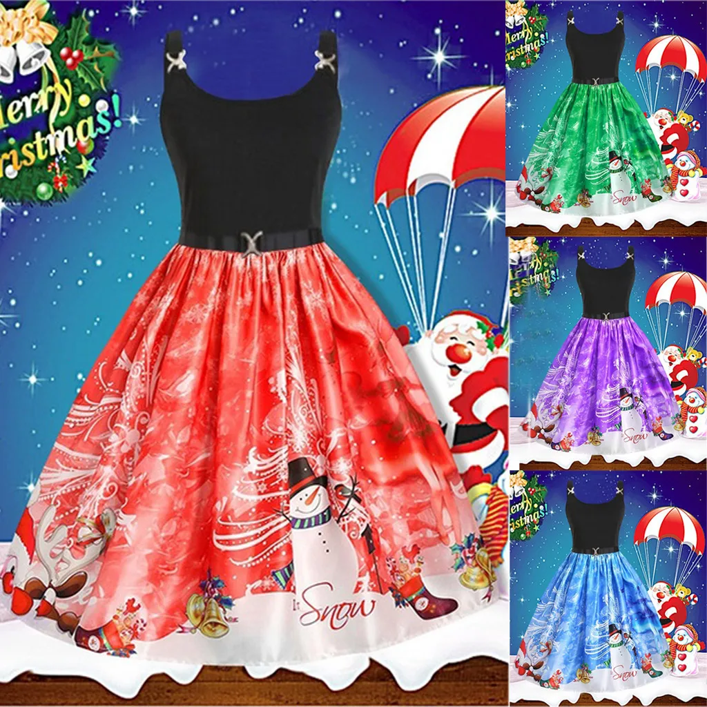 

W2019 Winter Christmas Dress Women Sexy Spaghetti Strap Swing Party Dress Vintage Robe Santa Snowflake Print Vestidos Plus Size