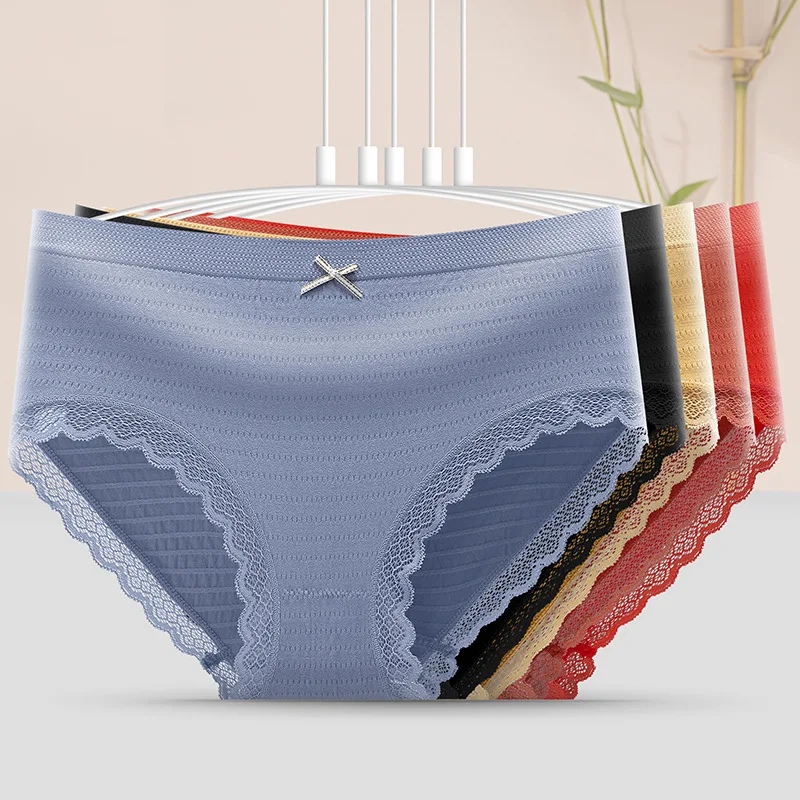 

Seamless Graphene Moisture Conductive Antibacterial Underwear Ladies Sexy Lace Mid-waist Cotton Bottom File Girl Briefs