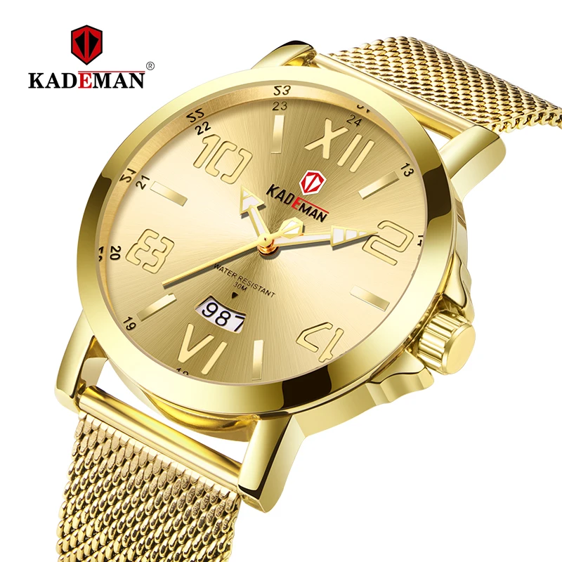 

KADEMAN Luxury Brand Gold Men's Watch Calendar Mesh Steel Strap Quartz Business Wristwatch Waterproof Relogio Masculino 9021G