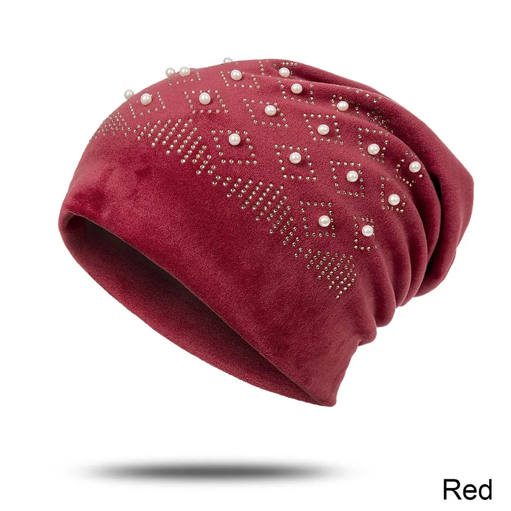 Новинка, женская зимняя шапка, роскошная бархатная теплая шапка Skullies Beanies, Женская Повседневная яркая шапка с жемчугом, женская шапка - Цвет: red