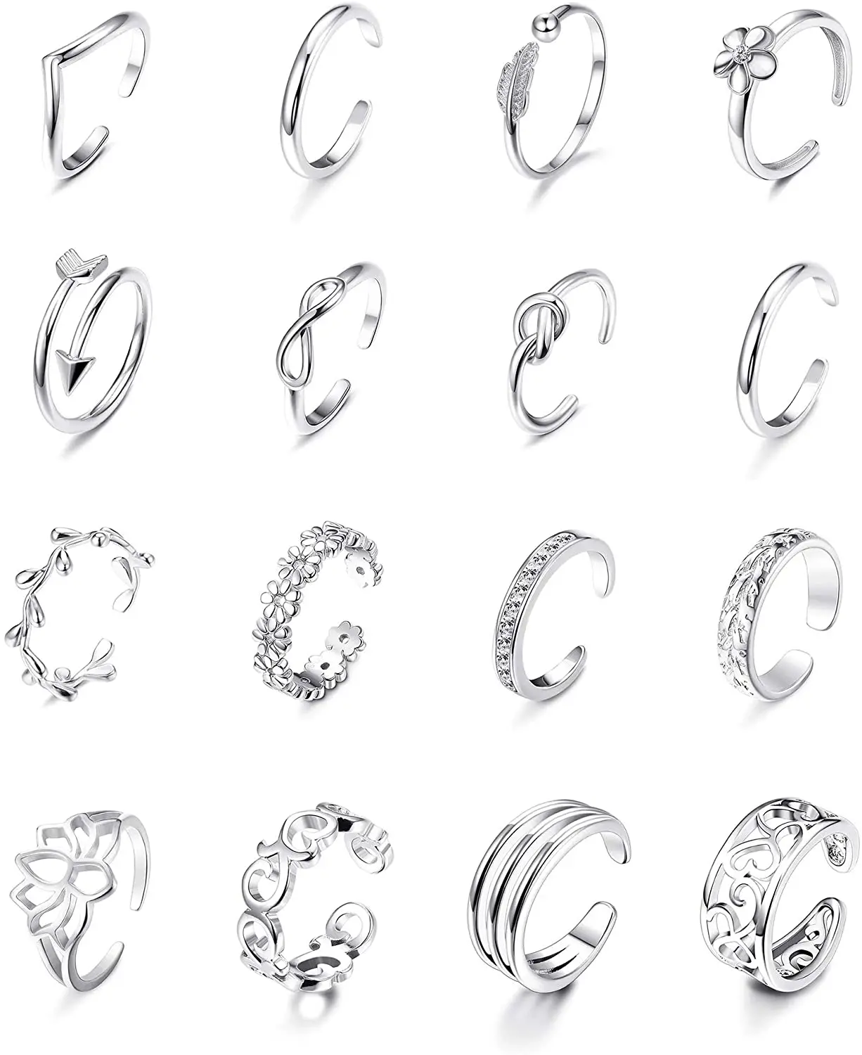 16pcs Adjustable Toe Rings For Women Various Types Band Open Toe Ring