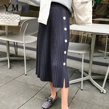 YuooMuoo боковая пуговица дизайн трикотажная винтажная плиссированная юбка осень зима женская черная высокая талия юбка офисная Сплит миди юбка