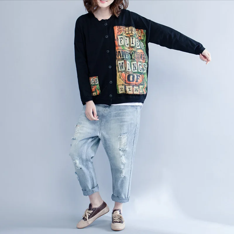 

2020 Spring Loose Thin Cotton Cardigan Loose Short Jacket For Women O Neck With Fashion Printing Cotton Thin Coat Jacket