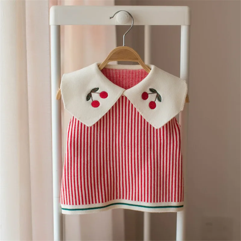 

new Autumn Toddler Kids Striped Waistcoats Cherry Embroidery Baby Girls Knitted Vests Children Clothes Cute Pullover Tops G030