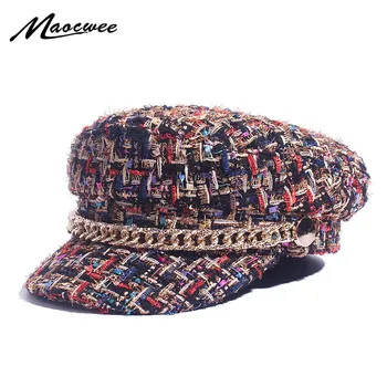 Spring Military Hats Small Grid Vintage Sailor Hats For Women Thread Tweed Yacht Captain Hat Small Sweet Wind Newsboy Cap