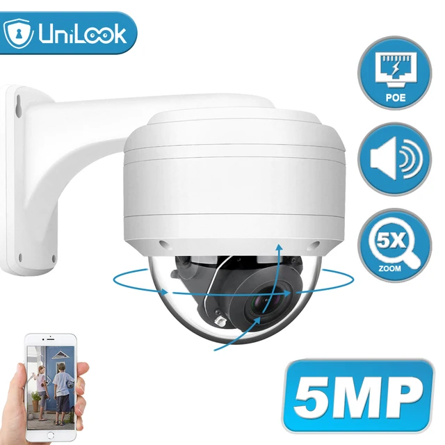 $US $84.50 UniLook 5MP Dome POE PTZ IP Camera 5X Zoom Built in Microphone Outdoor Security Camera IR 35m Weatherproof IP 66 H.265 ONVIF P2P