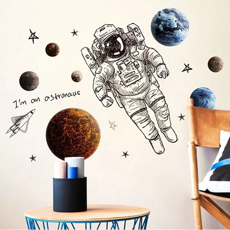 Space Astronaut Wall Decals Boys Kids Bedroom School Library Living Room Background Decoration Vinyl Stickers Self-Adhesive | Дом и сад