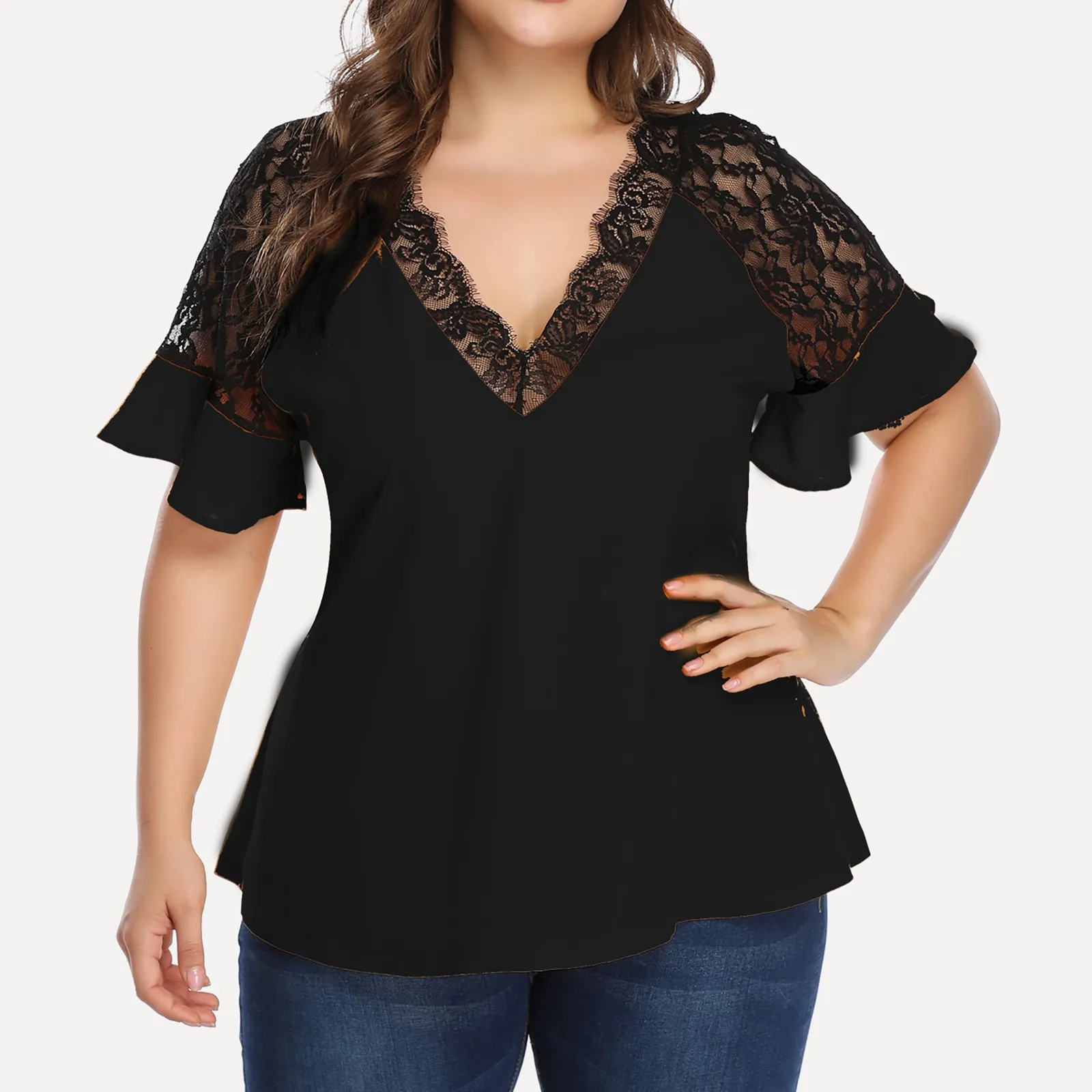 De talla grande de verano de las mujeres de la moda dama Chiffon encaje con cuello en V sueltas damas Tops camisa pantalón corto Casual Blusa de manga mujer Blusa A20