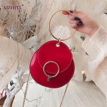 

Women Round Small Messenger Totes Bag PU Leather Female Mini Purse Solid Color Chain Shoulder Crossbody Handbags