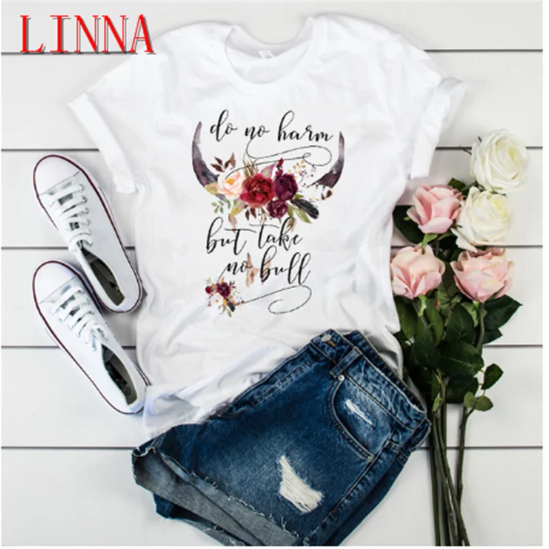 Женская футболка с коротким рукавом LINNA летняя безвредная и цветочным принтом |