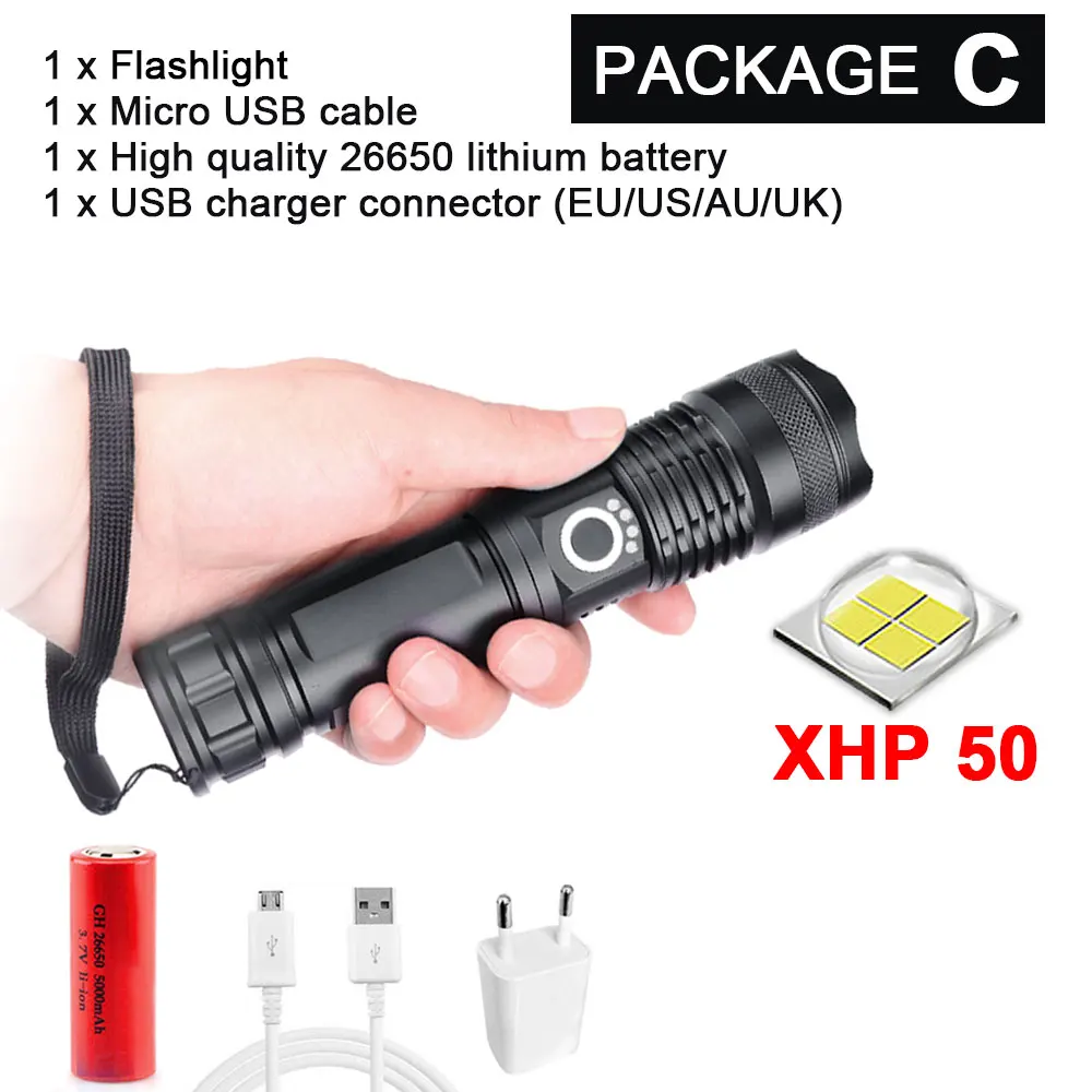 XHP50.2 светодиодный фонарик самый мощный светодиодный фонарь охотничий рыболовный фонарь tactica 18650/26650 водонепроницаемый перезаряжаемый USB фонарь - Испускаемый цвет: Package C