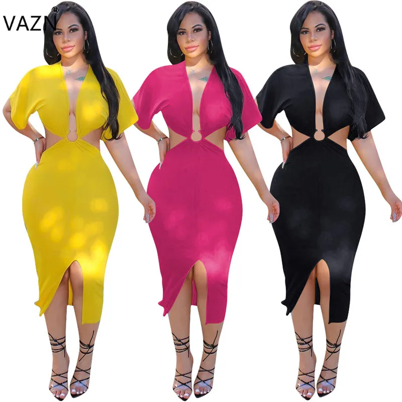 VAZN MNL021 новое платье однотонные Сексуальные вечерние открытые новые модные однотонные с глубоким v-образным вырезом с рукавом «летучая мышь» женские платья-карандаш Миди