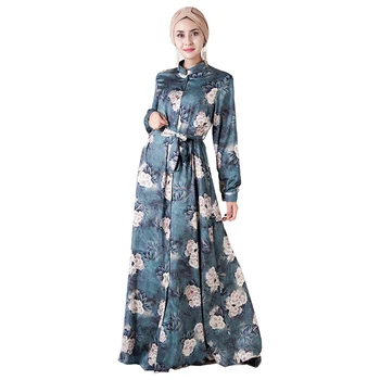 

Siskakia High End Satin 3D Digital Print ethnic Shirt dress Elegant belted Stand Collor Long-sleeved Maxi Dresses Forest greens