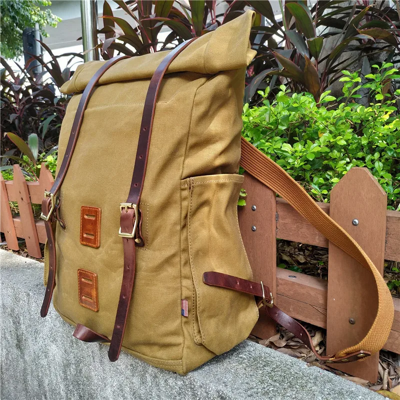 Waxed Canvas Backpack Hiking Camping Rucksack Men Trekking Large Laptop Bag 15 6 inches Vintage Leather Backpack 2