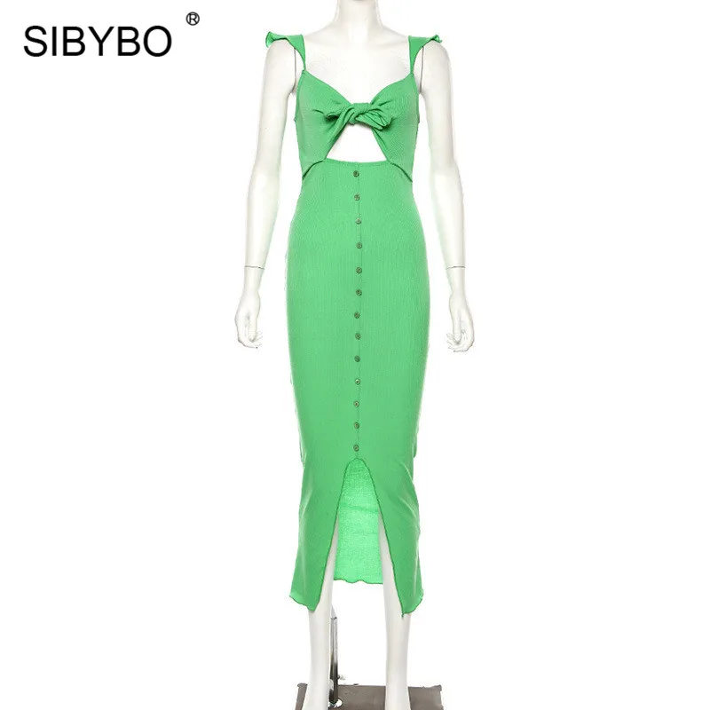 As Shown SIBYBO, сексуальное длинное платье с вырезом и бантом, на тонких бретелях, с v-образным вырезом, в рубчик, осеннее платье, женские вечерние платья на пуговицах с открытой спиной - Цвет: As Shown
