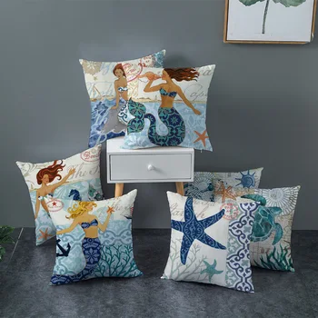 

Single-sided Polyester Ocean Mermaid Print Cushion Cover Sofa Cartoon Animals Fish Retro Mediterranean Decorative Pillows Case