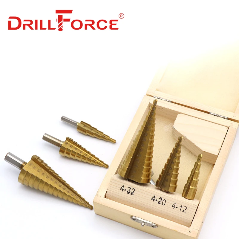 Drillforce 3 шт. большой шаг конус HSS Сталь Титан спираль рифленые Шаг сверло набор дыра резак инструмент для резки на возраст от 4 до 12 лет/20/32 мм+ деревянная коробка