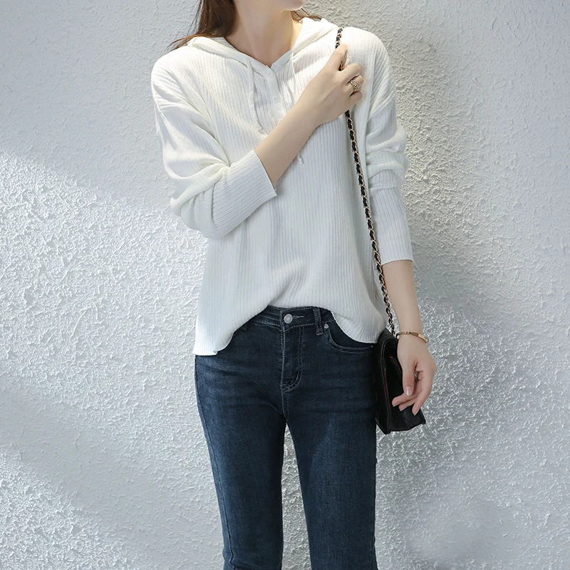 

Hooded Casual Female Korean Version 2022 Spring And Autumn New Sweater Solid Color Loose Fashion Allmatch Thin Coat Long Sleeves