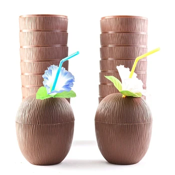 

18 Pack Coconut Cups for Hawaiian Luau Kids Party with Hibiscus Flower Straws - Tiki and Beach Theme Party Fun Drink or Decorati