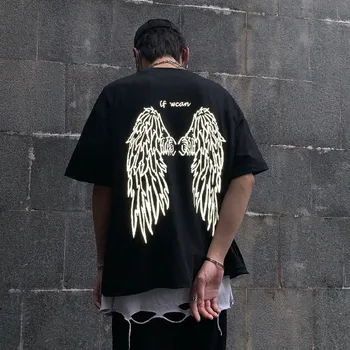 

NiceMix Gothic tshirt couple tshirt tops harajuku Summer 2020 wings print reflective T-shirt women loose Pullover ropa mujer