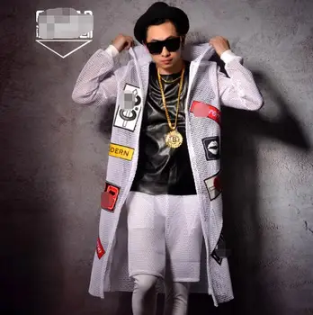 

Korean version of men's white mesh patch patch long jacket trendy male stage singer DJ performance costume