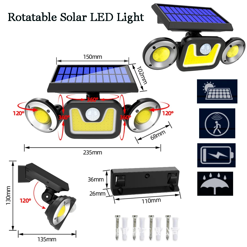 

Solar LED Light Adjustable Heads Solar Lamp IP65 Waterproof Solar Motion Sensor Light Wide Angle Illumination for Garage Garden