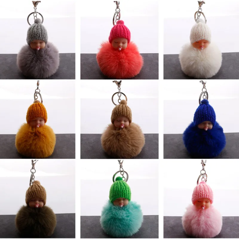 

5pcs/lot Plush Keychains Nipple Sleeping Doll Pompom Faux Rabbit Fur Ball Key Chain Fluffy Car Keyring Girls Bag Key Ring