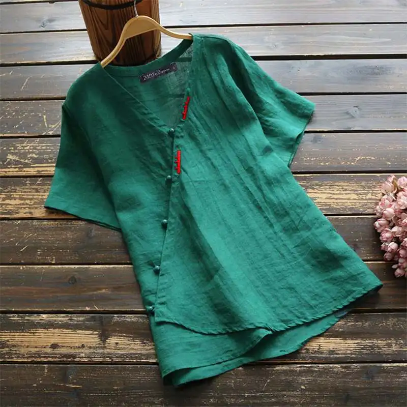 ZANZEA/винтажная женская рубашка с v-образным вырезом и короткими рукавами на пуговицах, летняя хлопковая льняная блузка, халат, Femme, рабочая туника, топы, сорочка, однотонная блуза - Цвет: Зеленый
